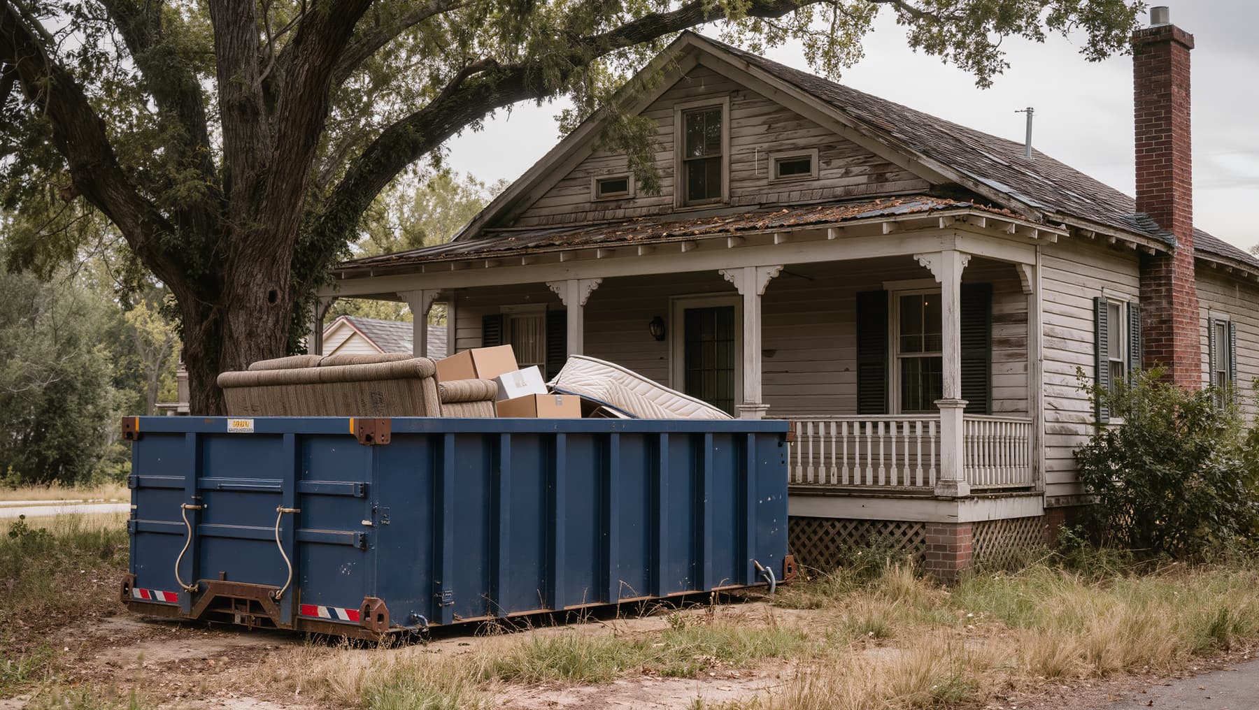 Small roll-off dumpster with old furniture in front of a cottage-style house