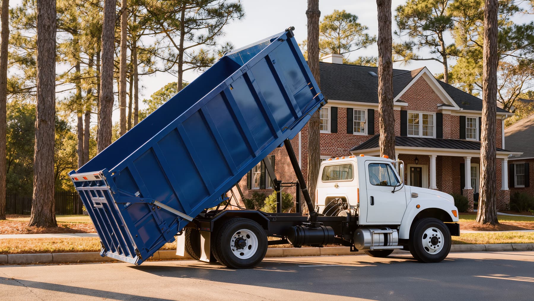 Roll-off truck setting an empty dumpster down at a residential curb