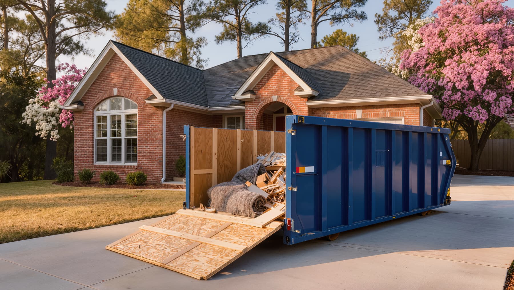Roll-off dumpster on boards in the driveway of a brick ranch house